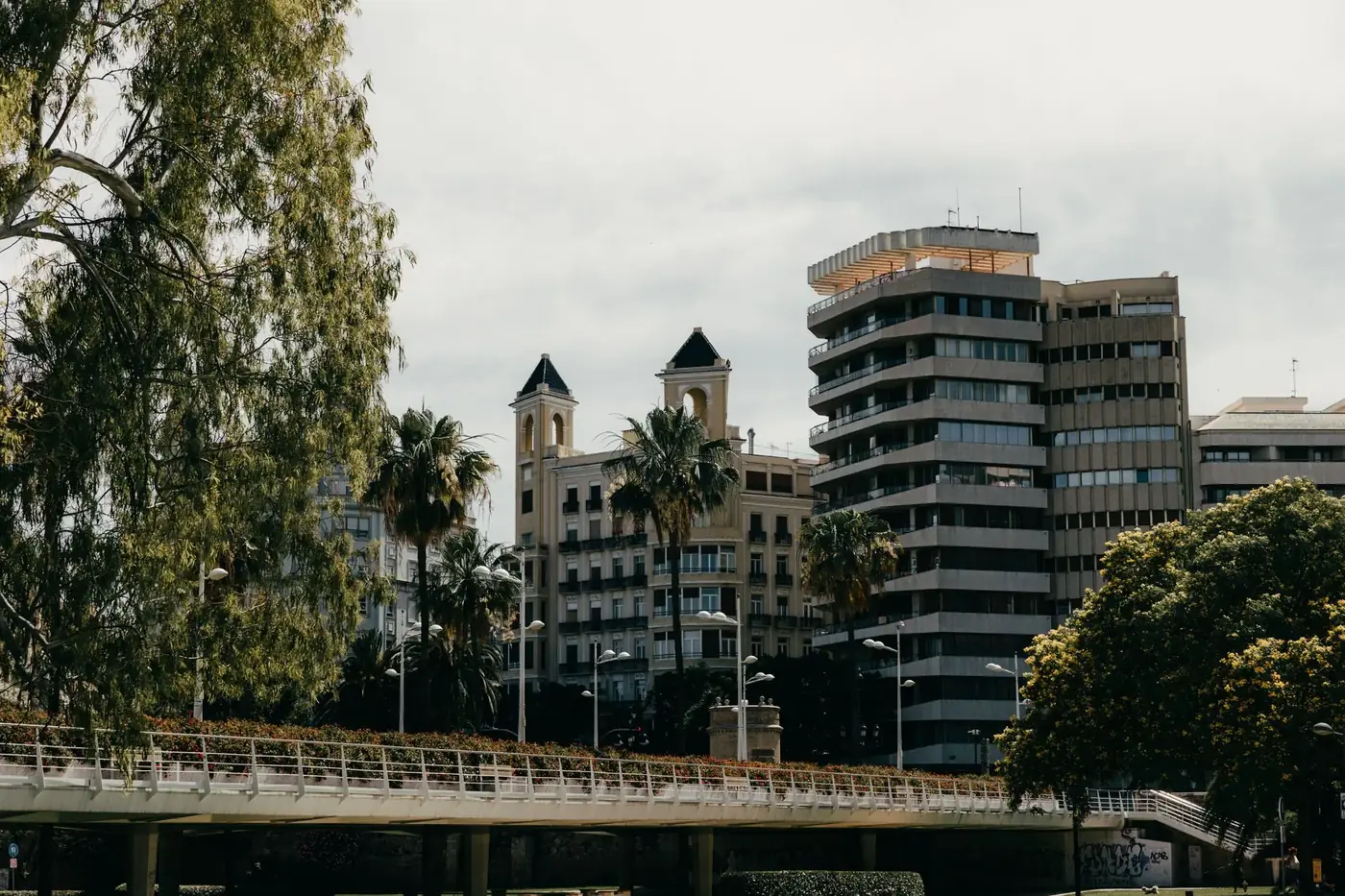 Scenic view of urban buildings and trees in Valencia, Spain.