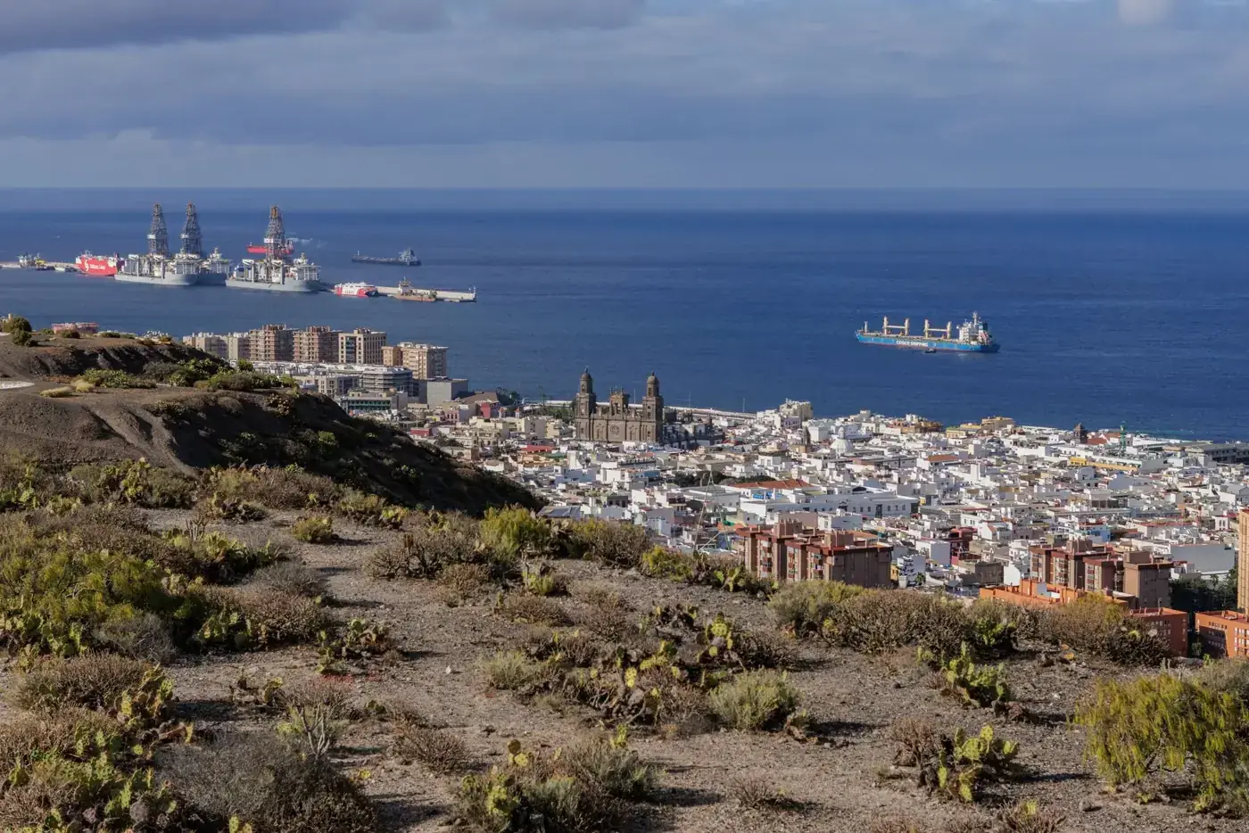 A panoramic view of Las Palmas de Gran Canaria with the ocean and harbor in view, captured from a hilltop.