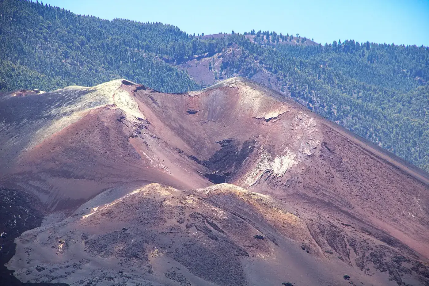 Stunning view of a volcanic crater on La Palma with forested backdrop.