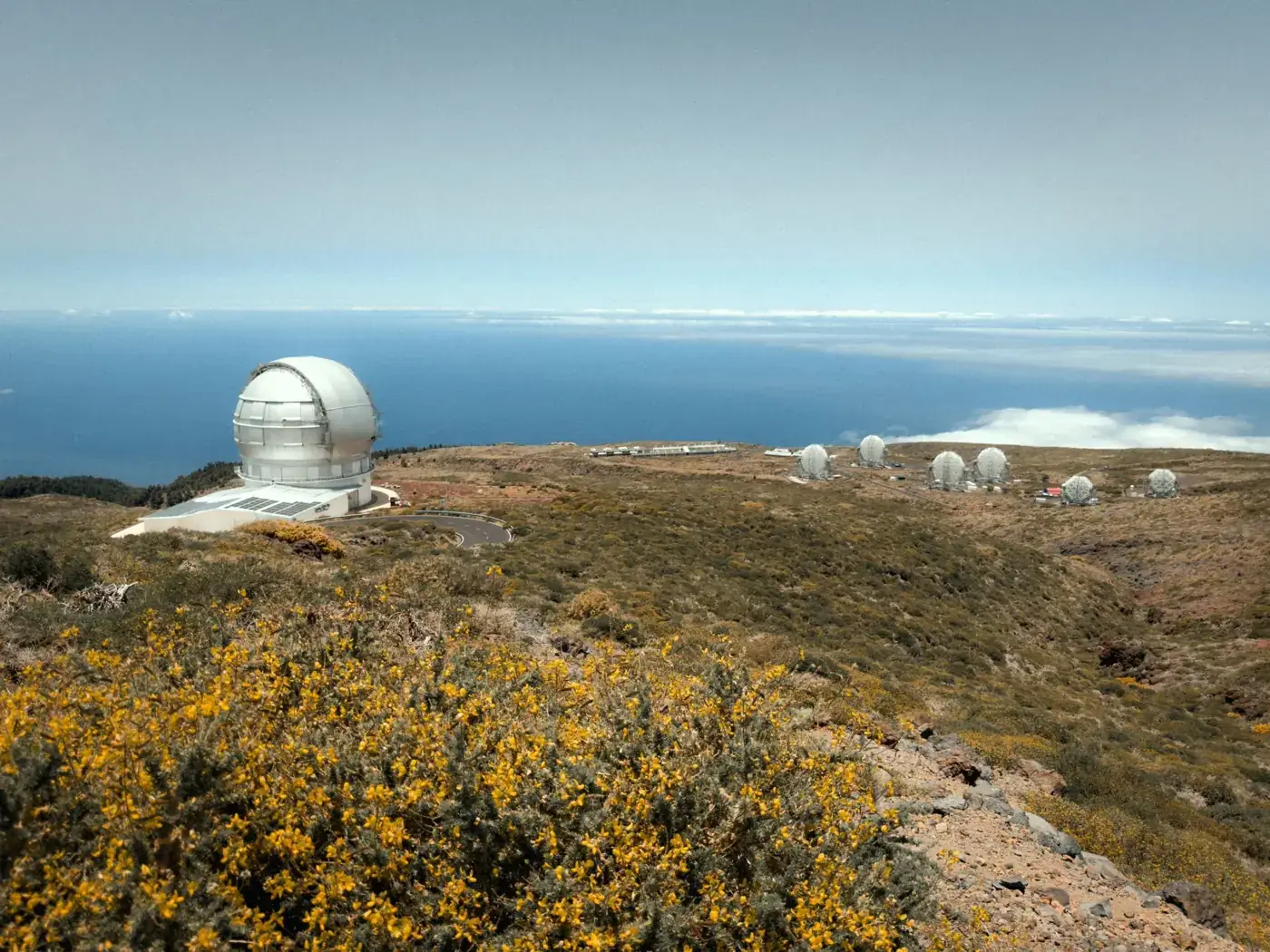 Observatories on La Palma with Atlantic Ocean in the background, scenic view.