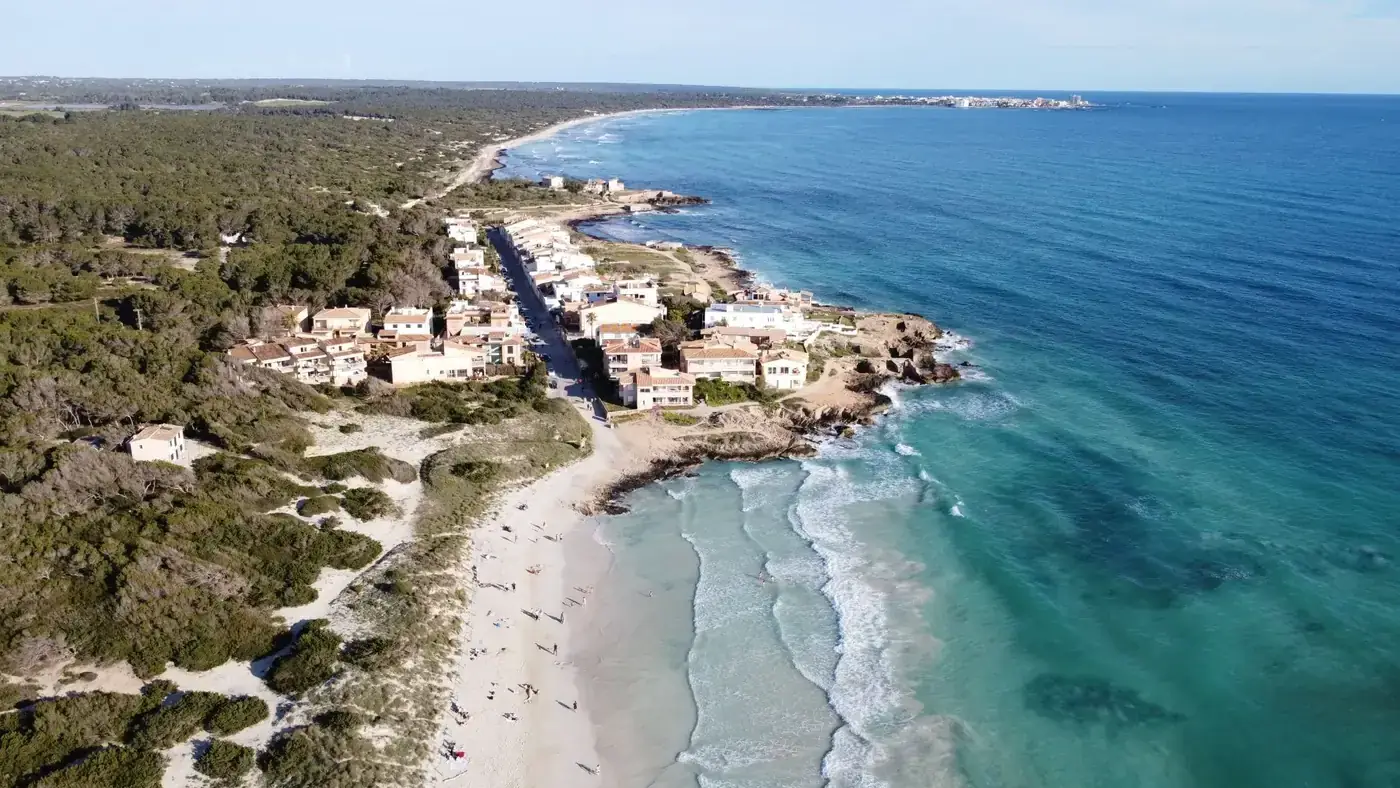A stunning aerial view of Ses Covetes beach and coastline in Mallorca, showcasing serene turquoise waters and sandy shor
