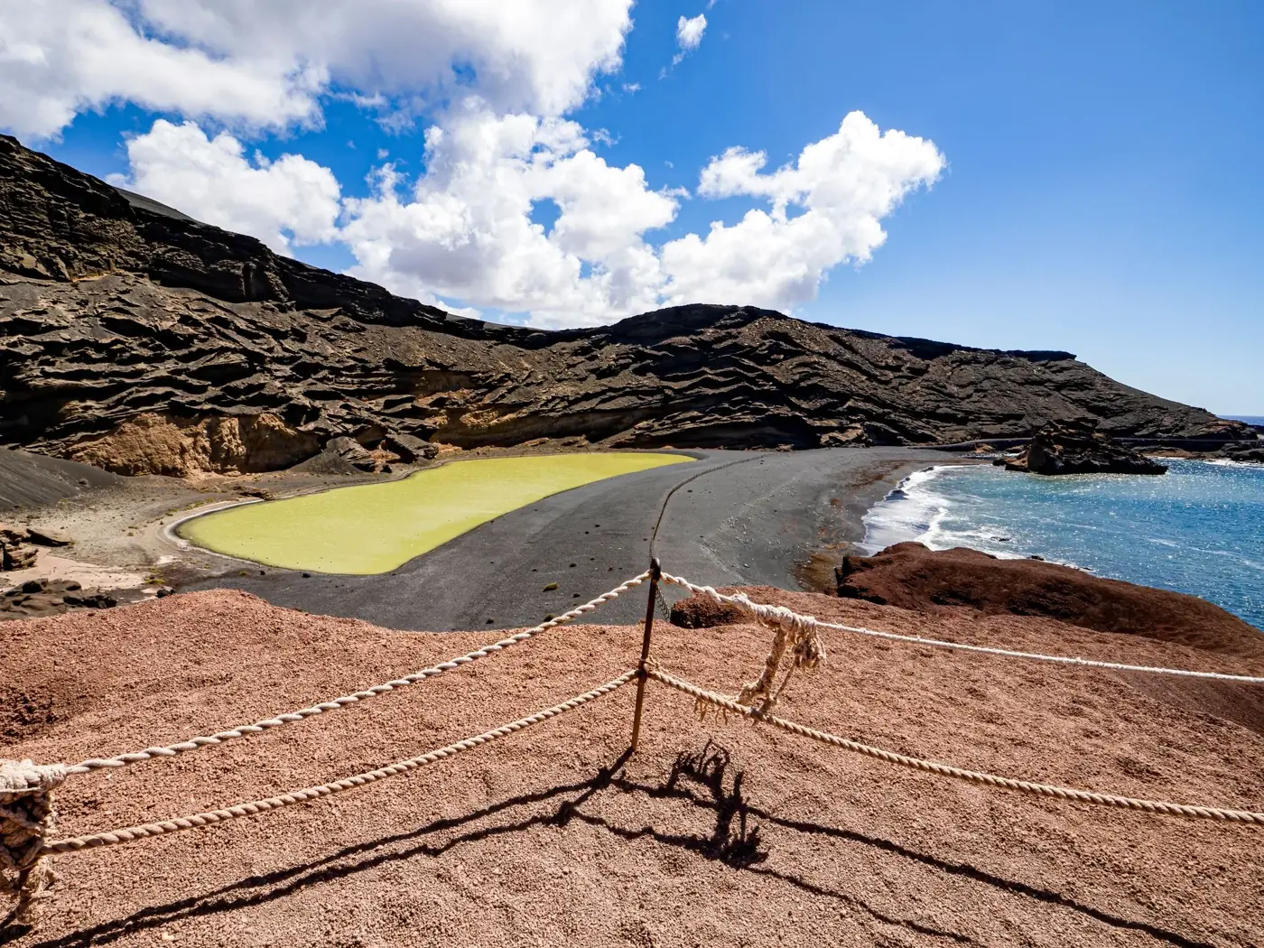 Stunning view of El Golfo's green lagoon and black sand beach in Lanzarote, with unique volcanic landscape.