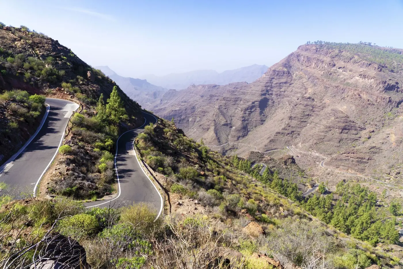 From above of dangerous curvy road running through high mountain slope covered with green plants and trees on sunny day