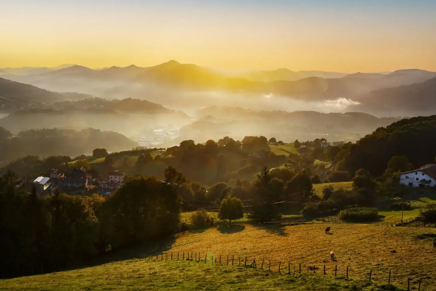 Captivating sunrise with mist and green valleys creating a tranquil mountain landscape.