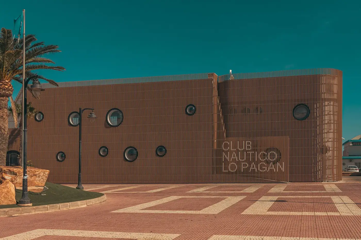 Stunning modern building at Lo Pagan Nautical Club in Santiago de la Ribera, Spain.