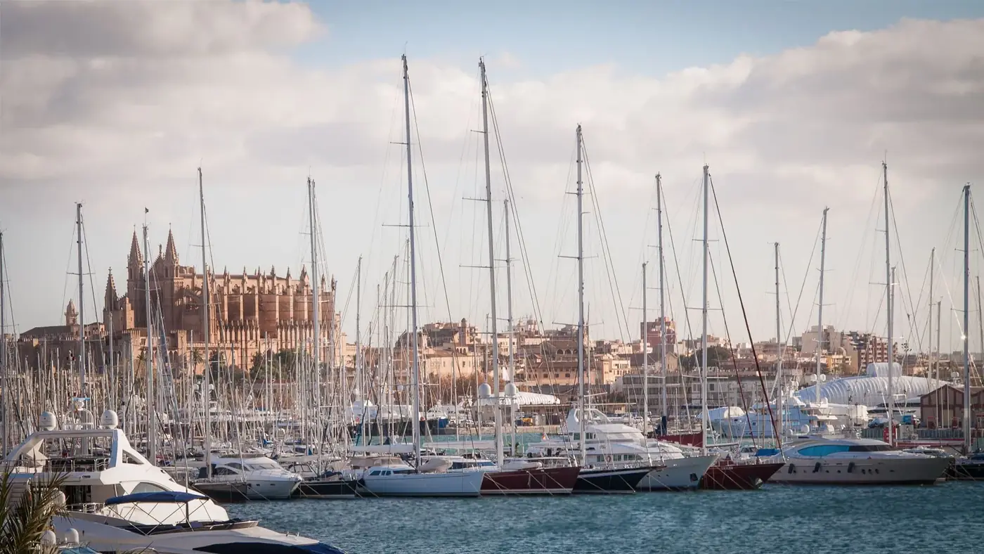 Scenic view of Palma's marina with yachts and the Cathedral in the background.