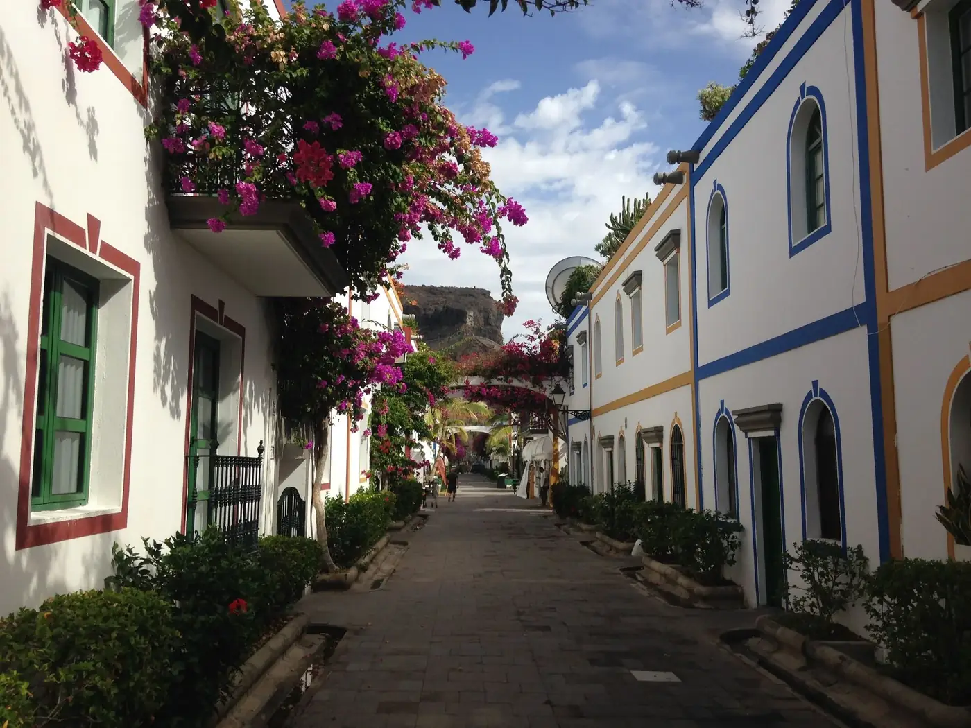 Picturesque street in Canary Islands with white facades and vibrant bougainvillea.