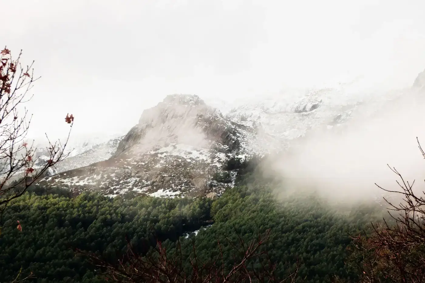 Majestic mountain view with snow and pine forest, Castilla-La Mancha, Spain.