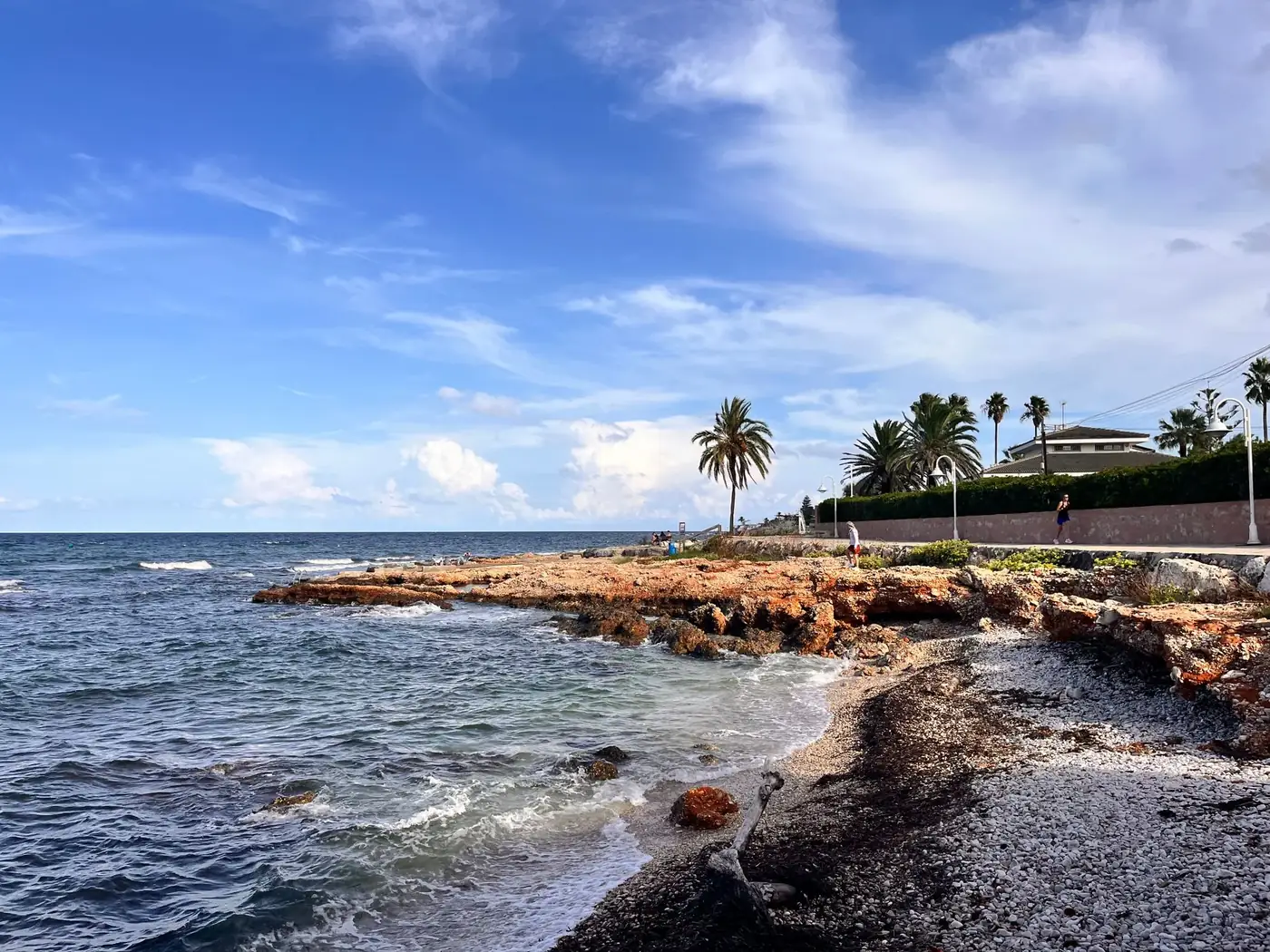 Beautiful coastal scene in Dénia, Spain with rocky shorelines and palm trees.