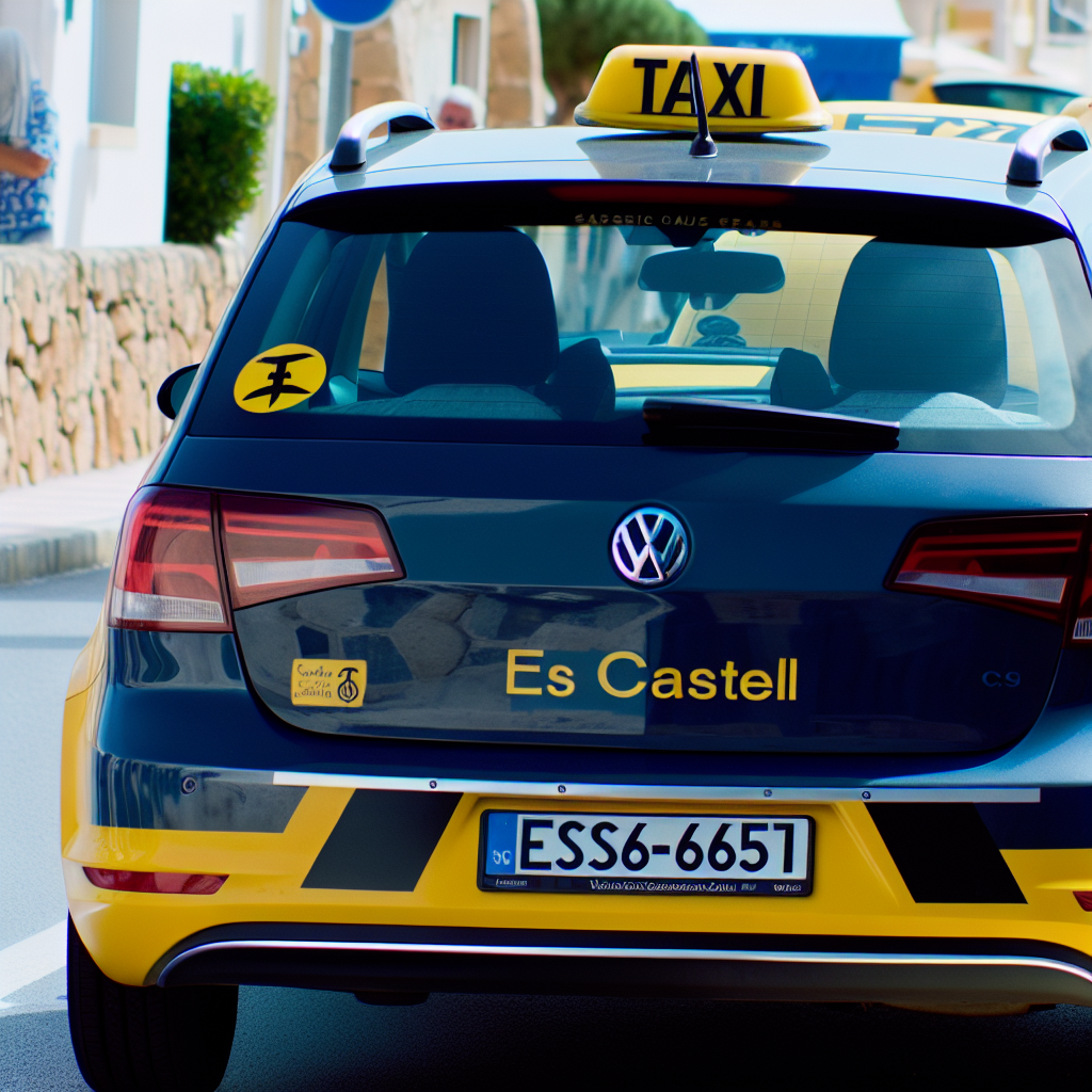Blauwe taxi, Volkswagen, gele borden, stadsstraat.