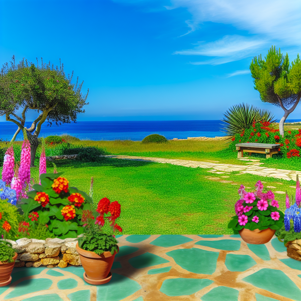 Middellandse Zeetuin met bloemen en zeezicht