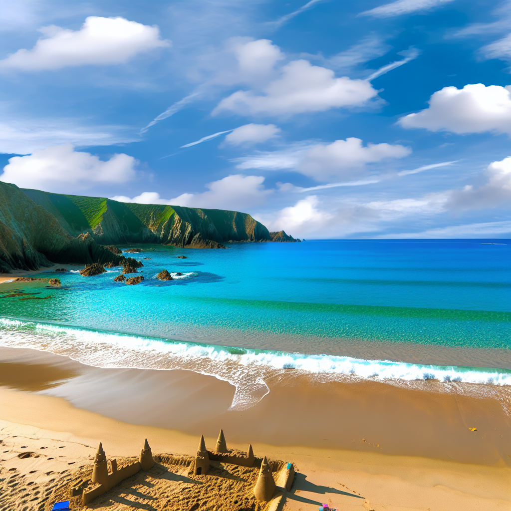 Strand met zandkastelen en helderblauwe zee