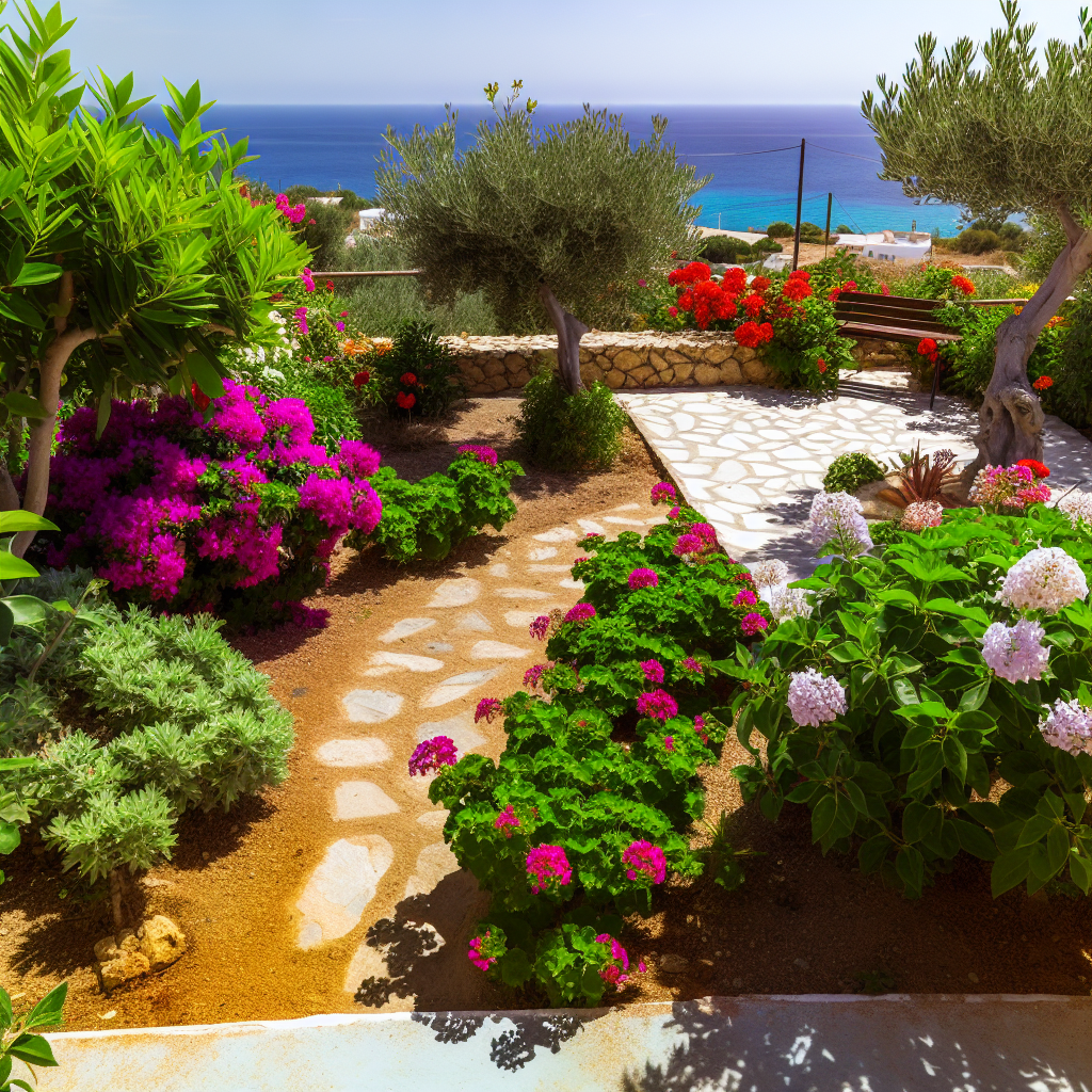 Kleurrijke tuin met zeezicht en bloeiende planten.