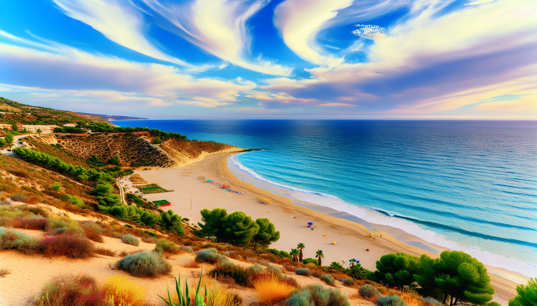 Kleurrijk strandlandschap met duinen en blauwe lucht