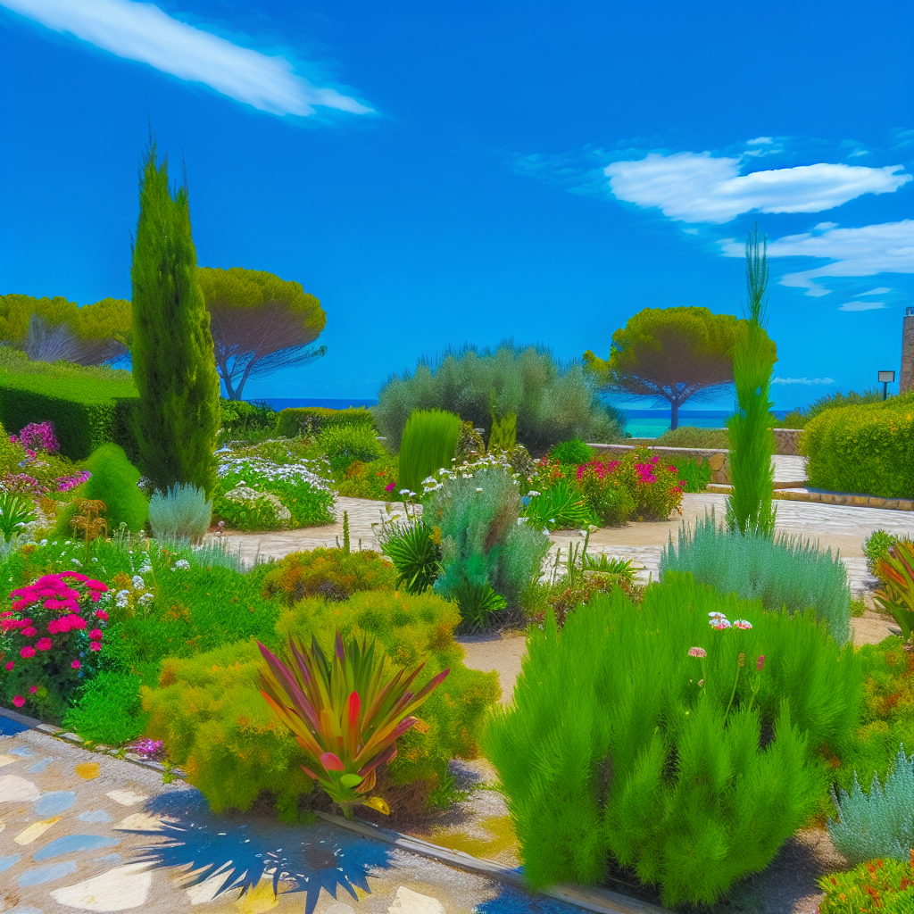 Kleurrijke mediterrane tuin onder zonnige hemel.