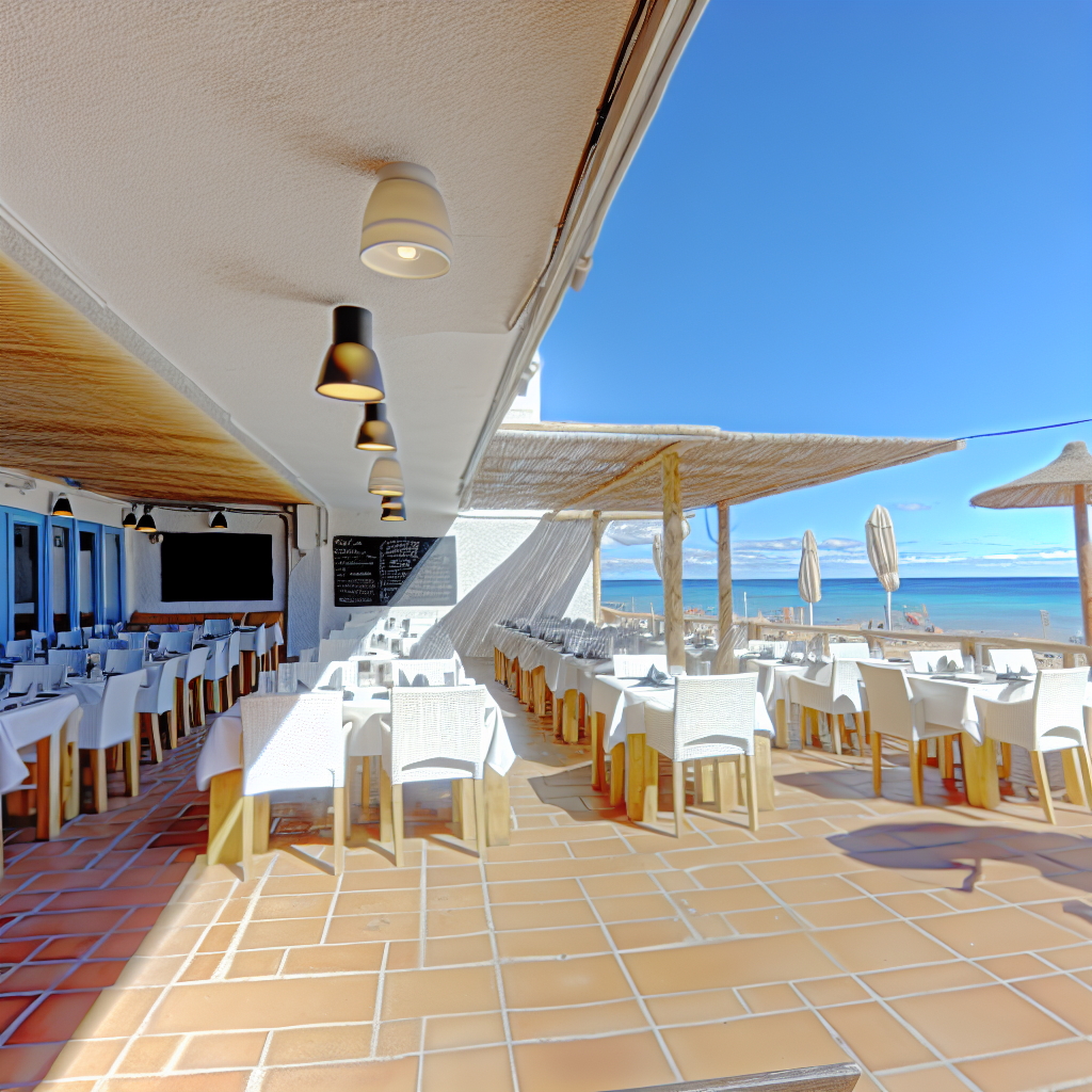 Strandrestaurant met terras en uitzicht op zee.