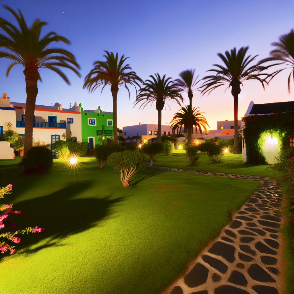Zonsondergang bij kleurrijke vakantieresort met palmbomen.