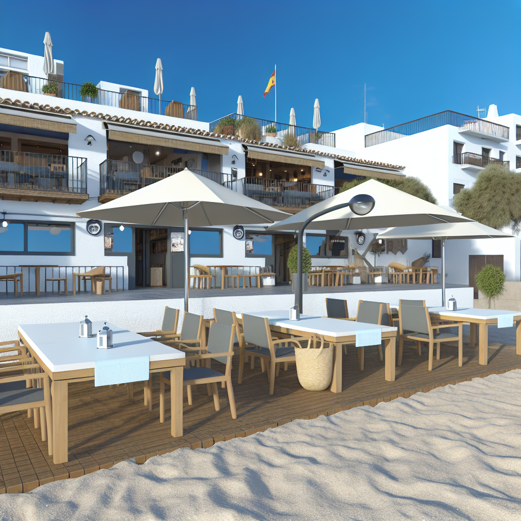 Terras van strandrestaurant met parasols en heldere hemel.