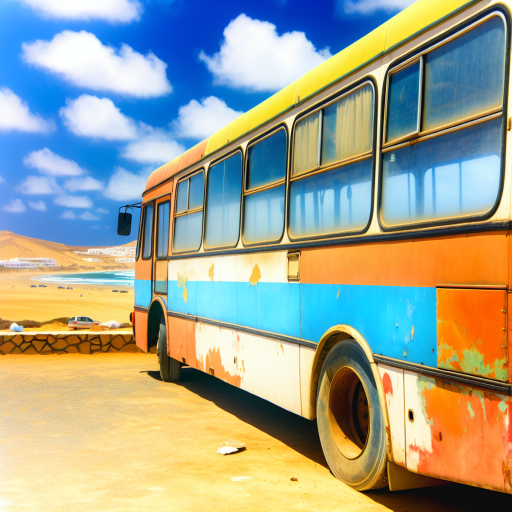 Oude verweerde bus in woestijnlandschap.