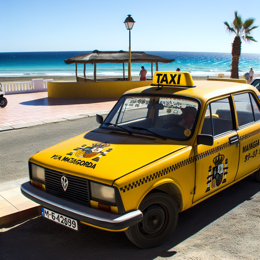 Gele taxi bij strand in zonnige bestemming.