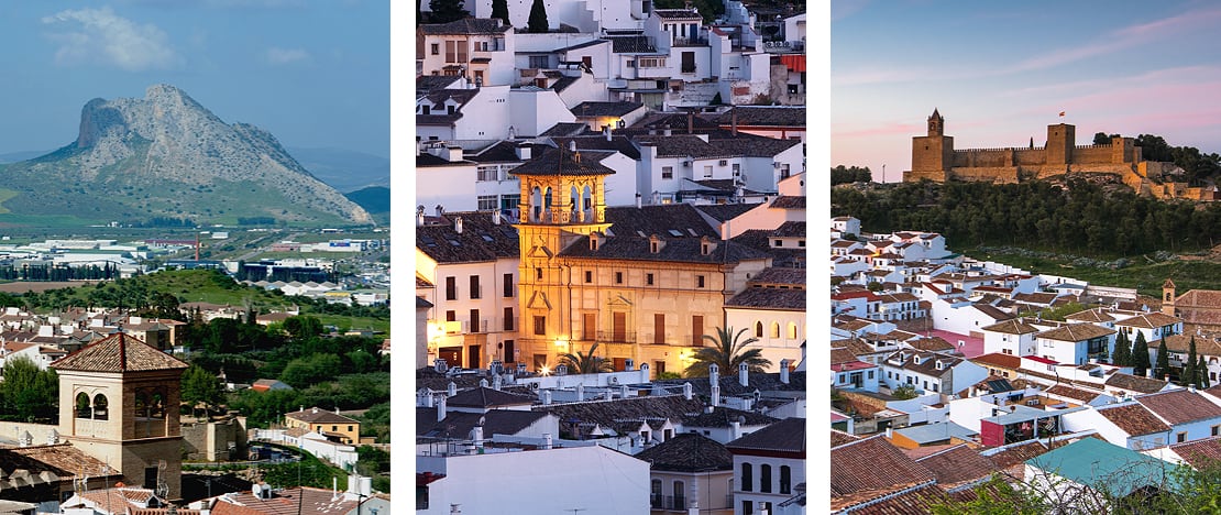 Links: Gezicht op de Peña de los Enamorados van Antequera in Malaga, Andalusië / Midden: Detail van de oude wijk van Antequera in Malaga, Andalusië / Rechts: Gezicht op het Alcazaba de Antequera in Malaga, Andalusië