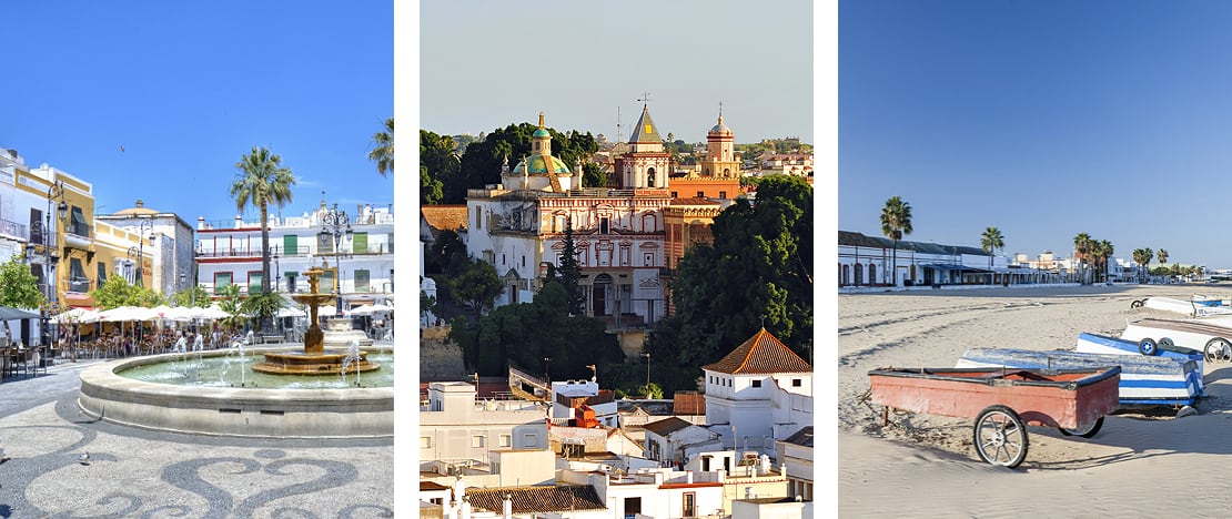Links: Uitzicht op de Plaza del Cabildo de Sanlúcar de Barrameda in Cadiz, Andalusië © roberaten / Midden: Het Auditorio de la Merced de Barrameda in Cadiz, Andalusië / Rechts strand bij Sanlúcar de Barrameda in Cadiz, Andalusië © joan_bautista