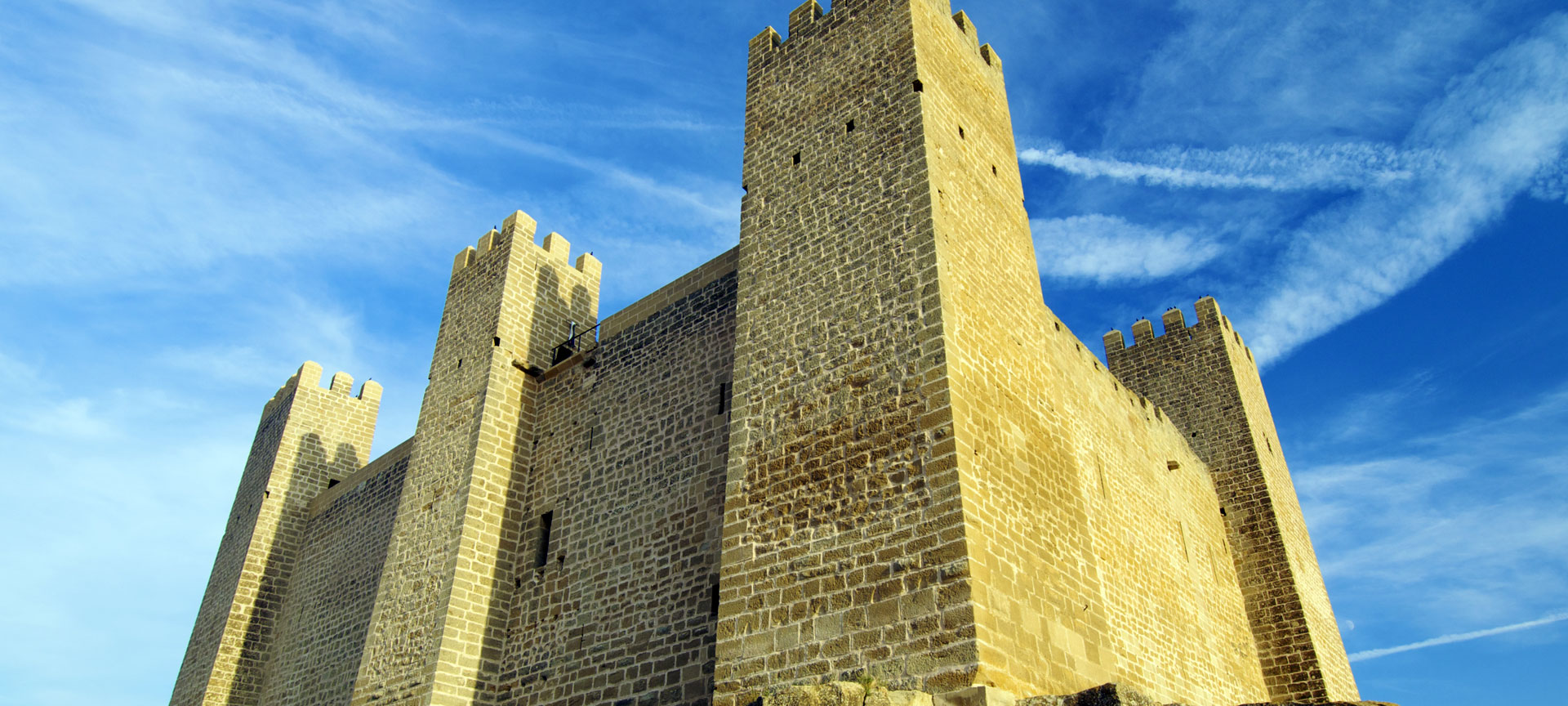 Middeleeuws kasteel tegen blauwe lucht.