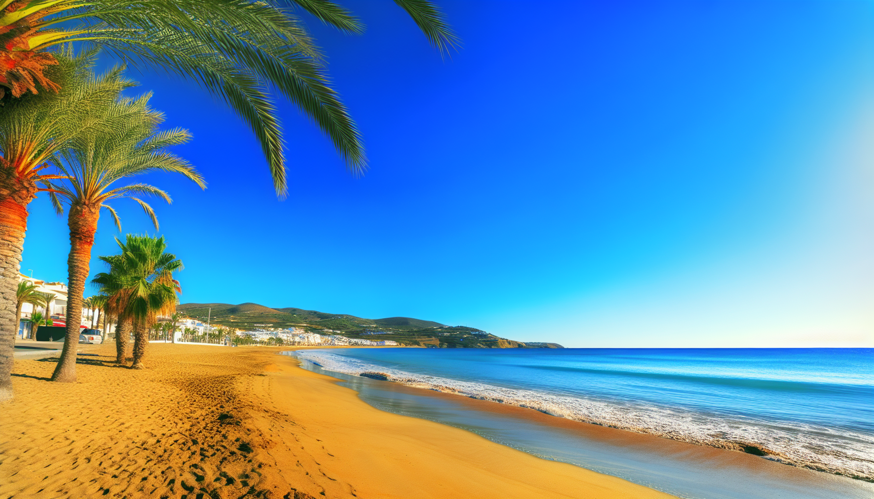 Zonnige stranddag met palmbomen en helderblauwe hemel.