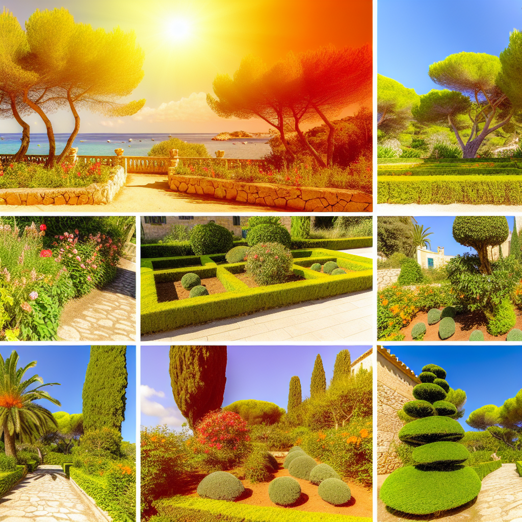 Collage van mediterrane tuinen met zonsondergang.