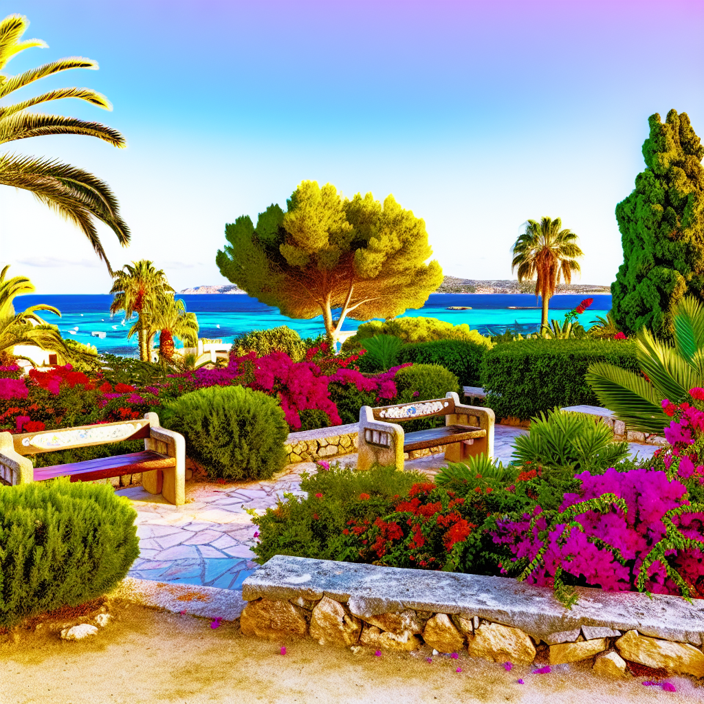 Kleurrijke tuin met uitzicht op zee.