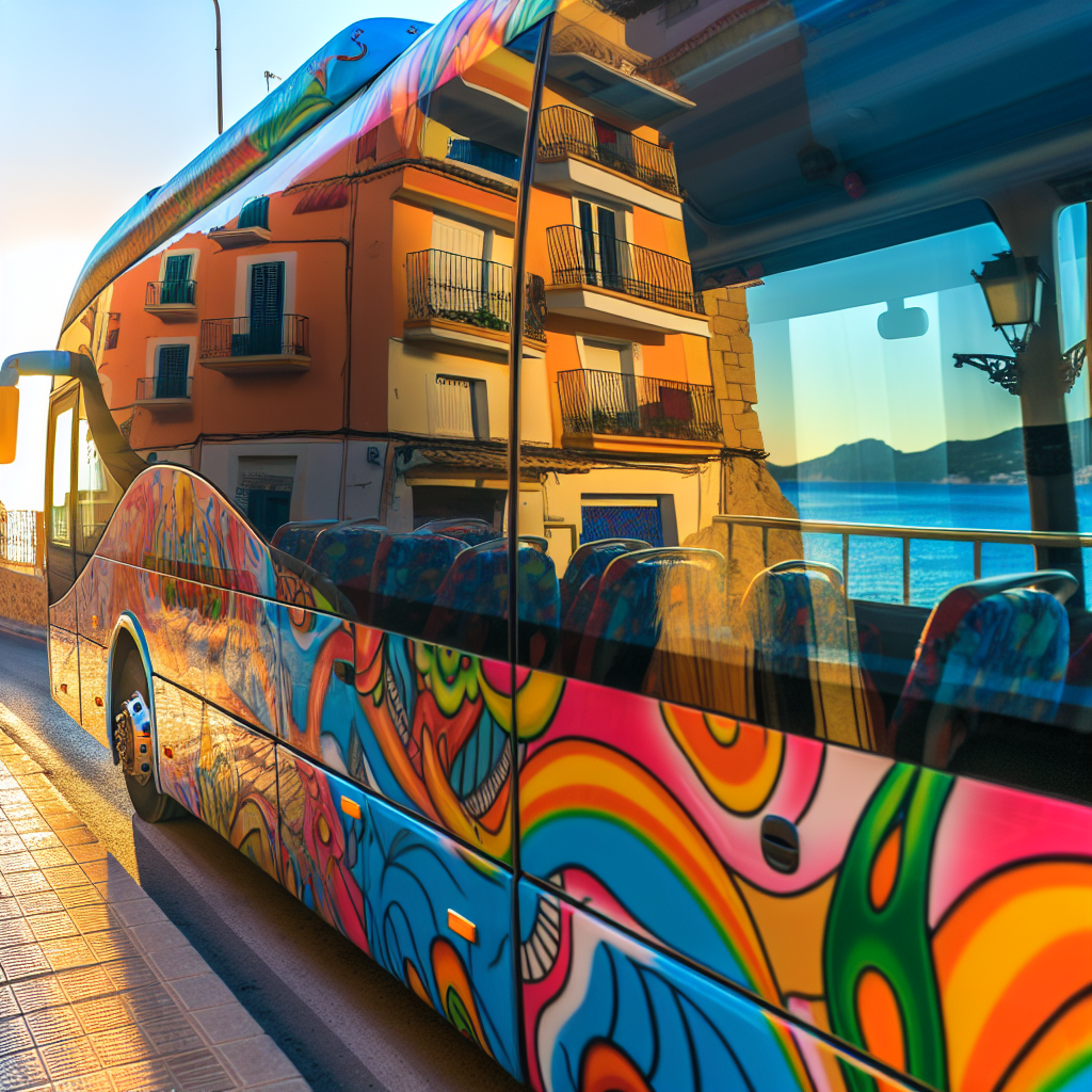 Gekleurde bus rijdt door zonnige kuststadstraat.