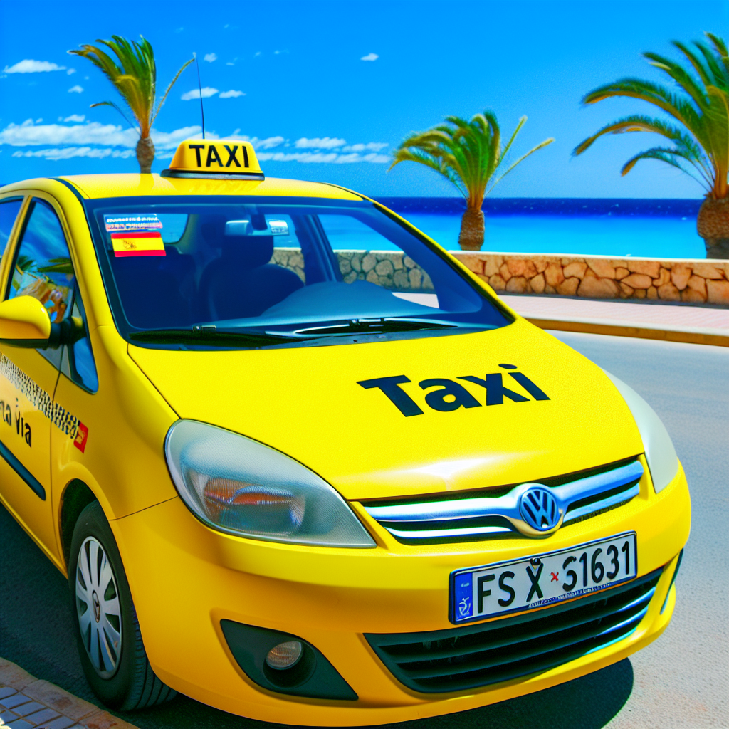Gele taxi voor, palmbomen en zee achtergrond.