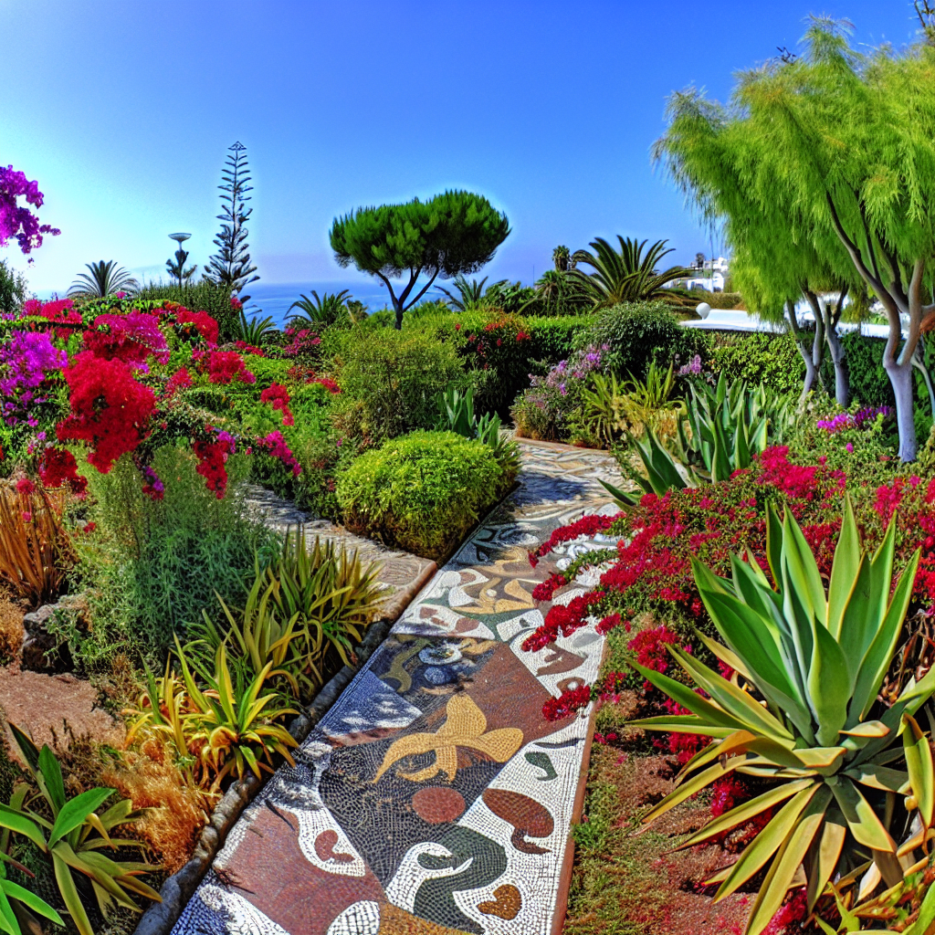 Kleurrijke tuinpad met bloemen en mozaïekontwerp.