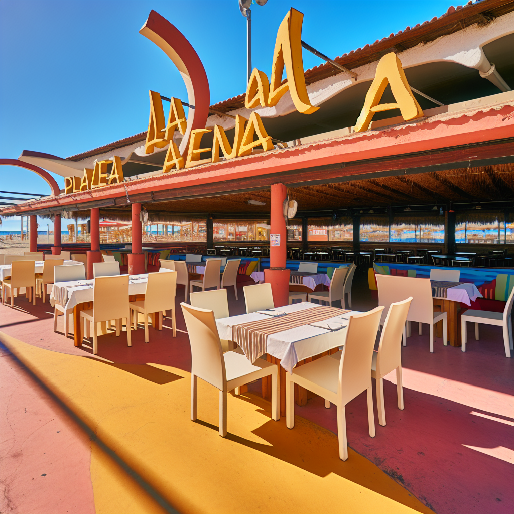Terras van strandrestaurant 'La Arena' bij daglicht.