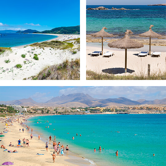 Linksboven: Rodas-strand op de Cíes-eilanden Rechtsboven: Els Pujols-strand, Formentera.  Onder: Costa Calma op Fuerteventura