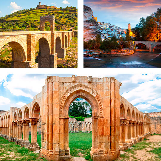 Linksboven: Romeinse brug bij Alcántara.  Rechtsboven: Alcalá del Júcar.  Onder: Klooster van San Juan de Duero, Soria