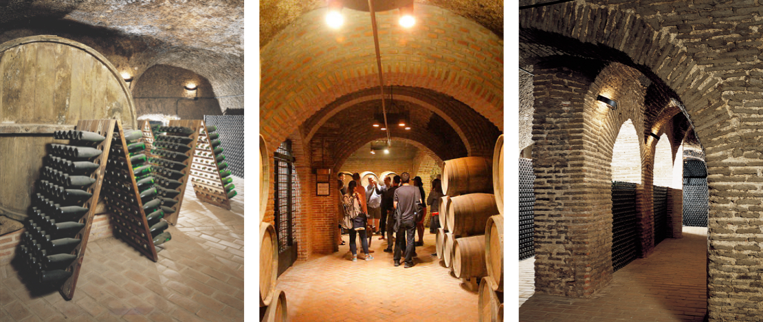 Van links naar rechts: detail van traditionele wijnrekken / Wijnrondleiding door het ondergrondse labyrint van wijnkelders / Verschillende galerijen bij wijnmakerij Hilo de Ariadna in Rueda, Valladolid