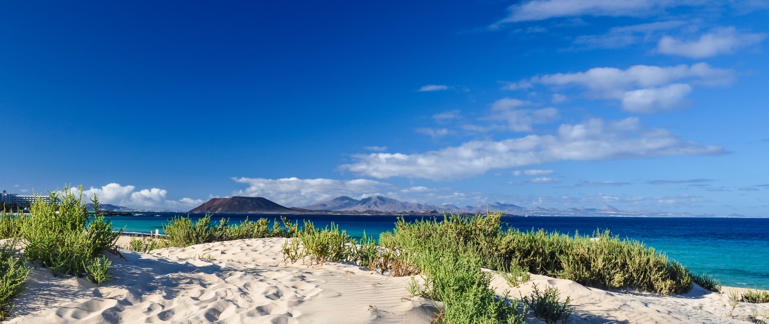 Uitzicht op de duinen van Corralejo op Fuerteventura, Canarische Eilanden