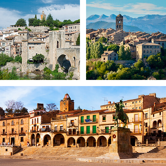 Linksboven: Besalú, Catalonië.  Rechtsboven: Aínsa, Huesca.  Onder: Plaza Mayor, Trujillo, Extremadura