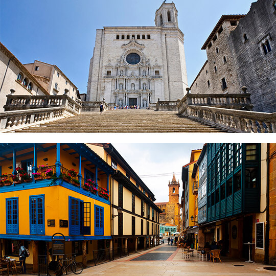 Boven: de kathedraal van Girona.  Onder: Oviedo