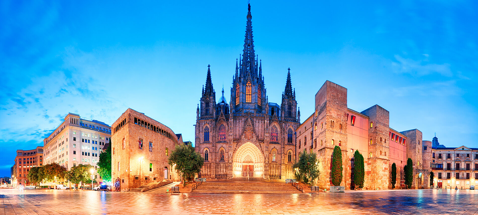 Gotische kathedraal bij avondschemering in Europese stad.