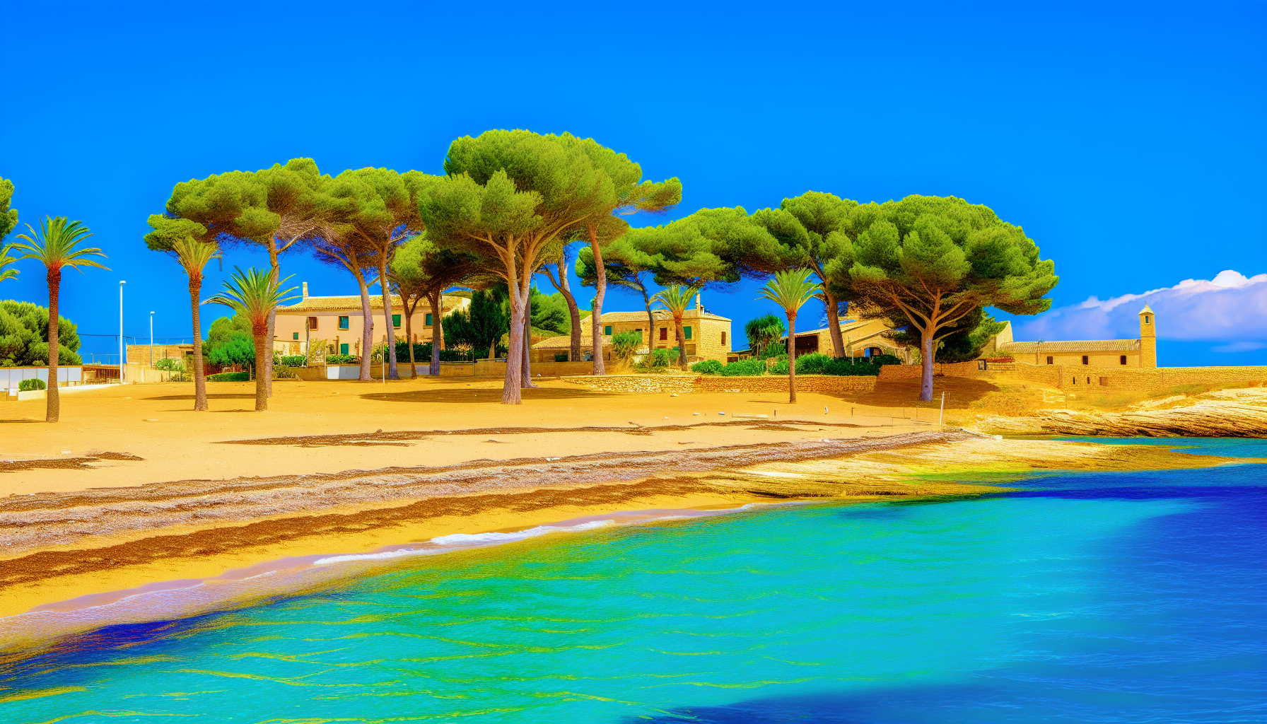 Middellandse Zee kustlijn met strand, bomen en helder water.