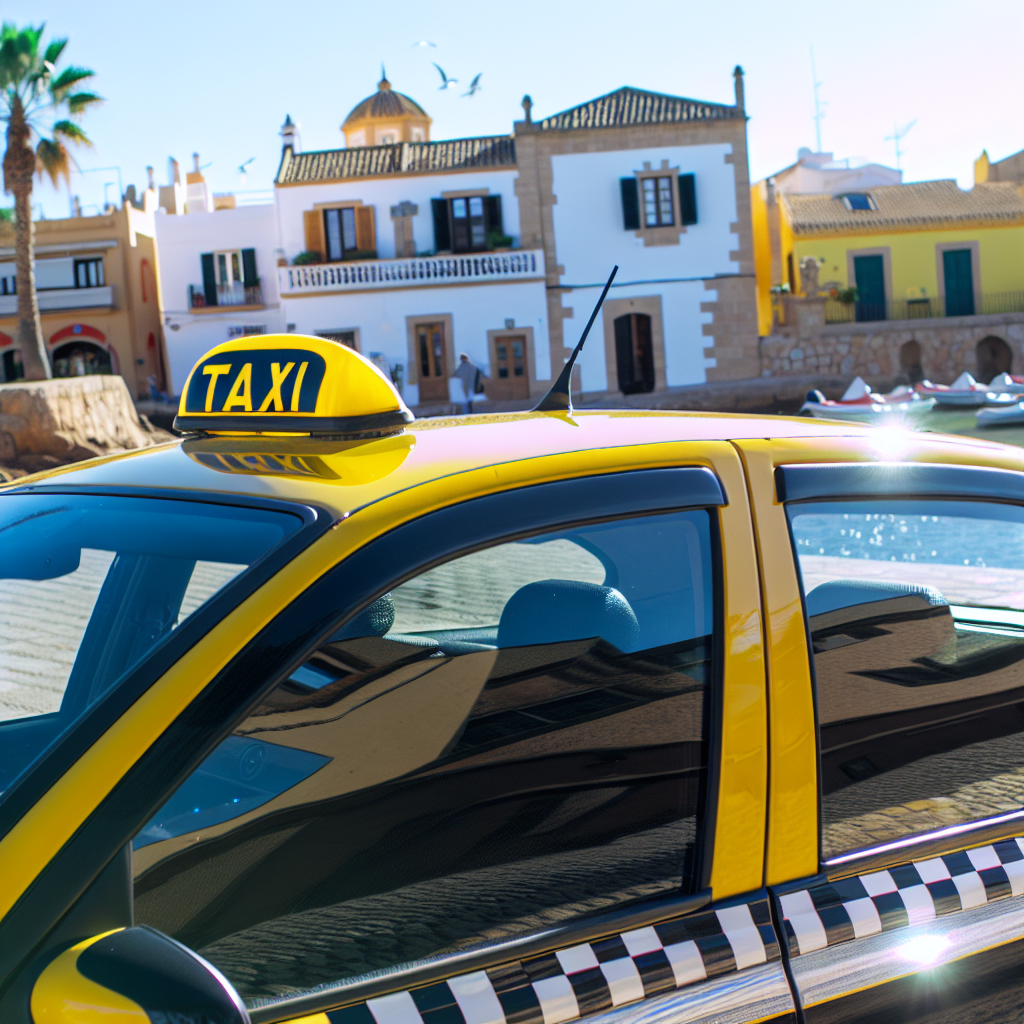 Gele taxi voor mediterraanse gebouwen met vliegende meeuwen.