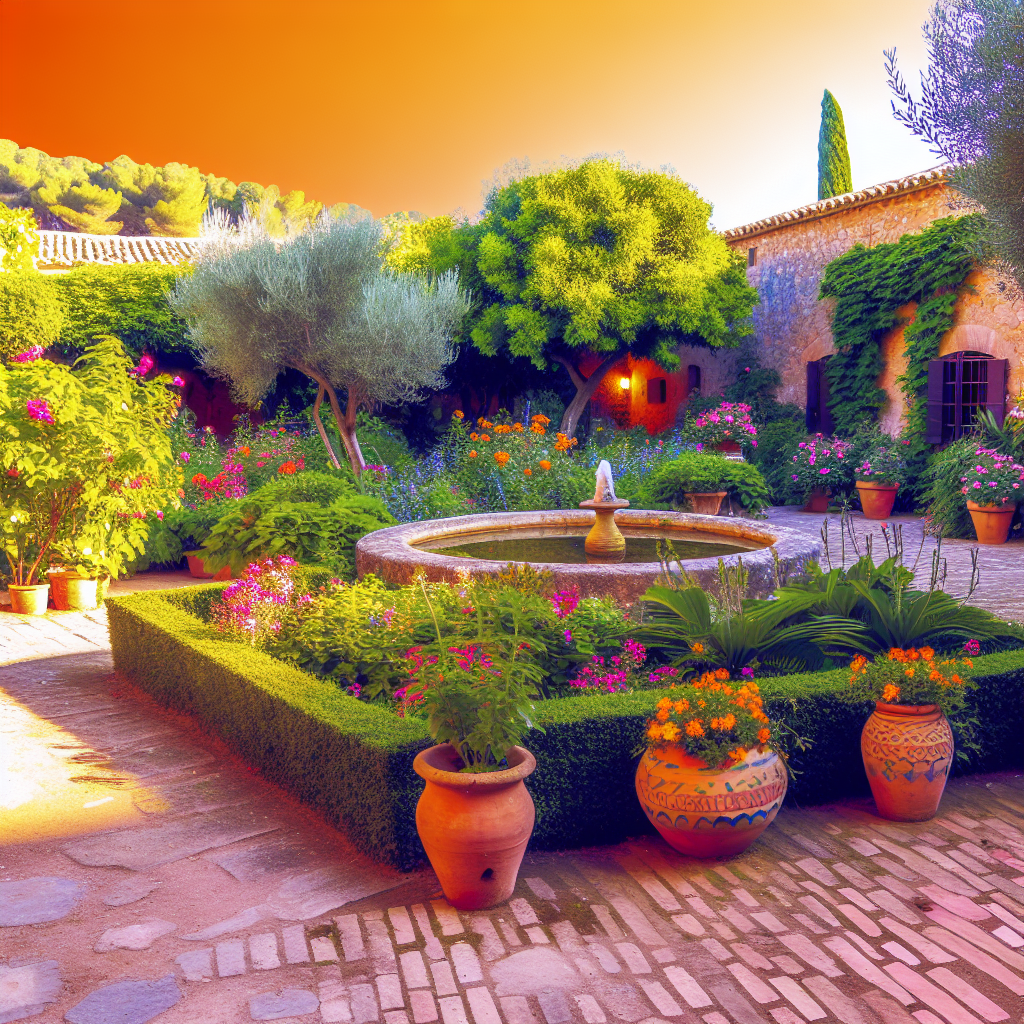 Kleurrijke mediterrane tuin met fontein en bloempotten.