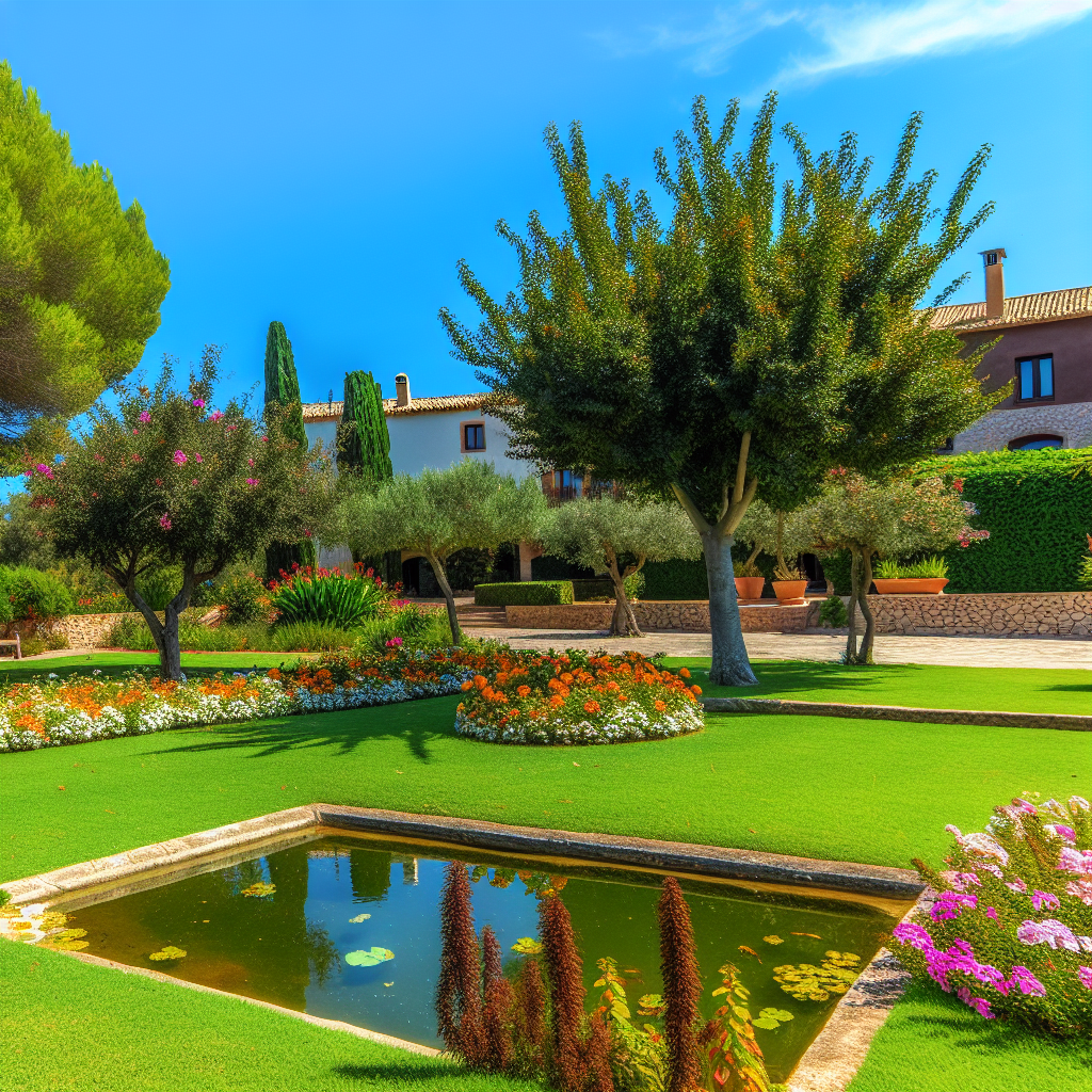 Verzorgde tuin bij mediterrane villa met vijver en bloemen.
