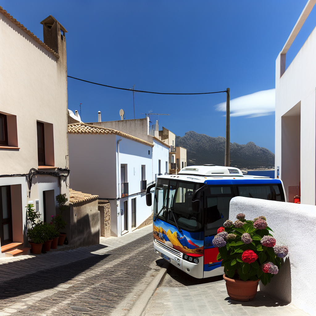 Toeristenbus in Mediterrane straat met witte huizen.