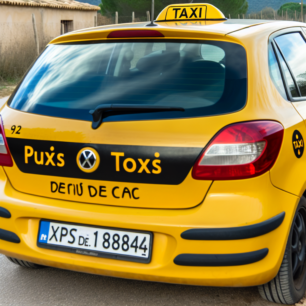 Gele taxi met bord 'TAXI' op dak.