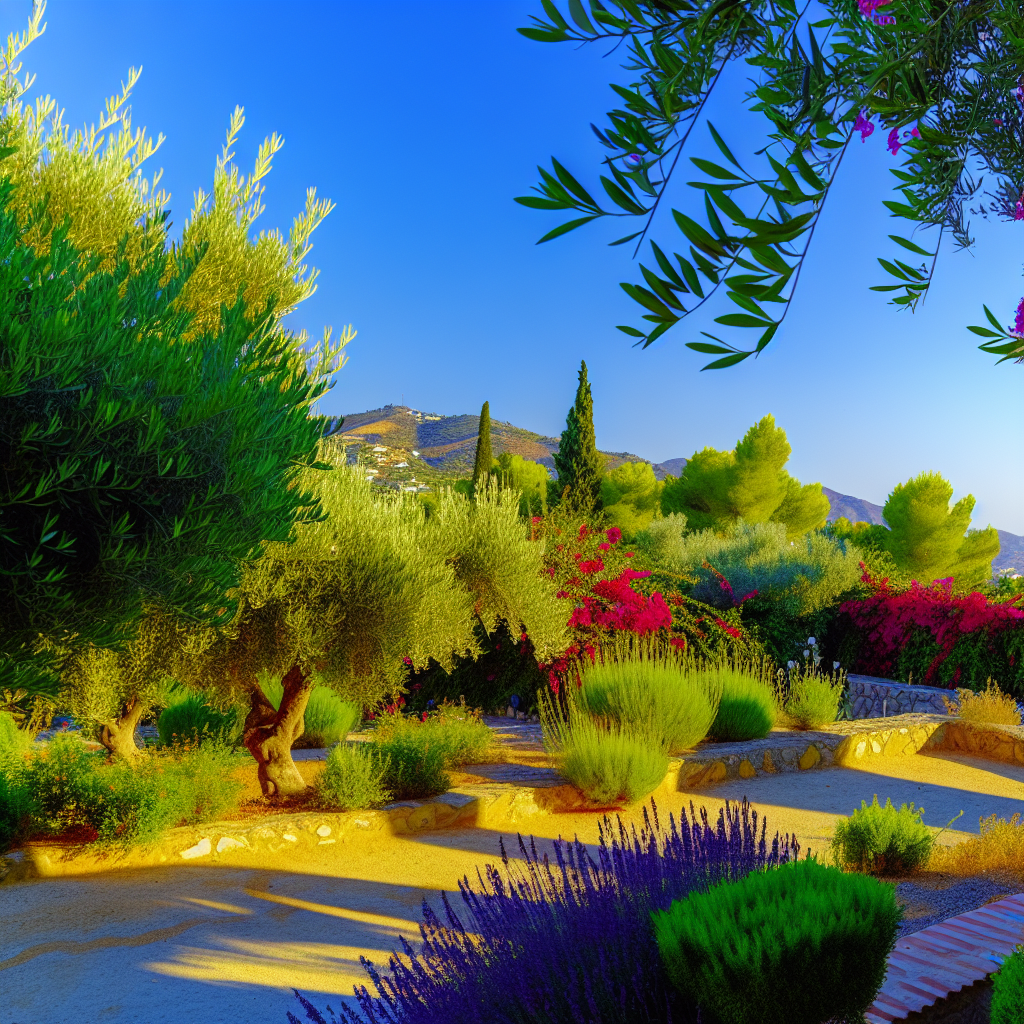Mediterrane tuin met kleurrijke bloemen en olijfbomen.