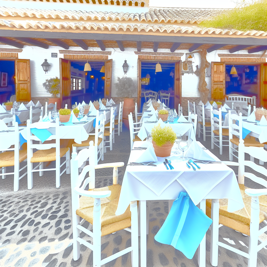 Terras van restaurant met blauwe stoelen en tafelkleden.
