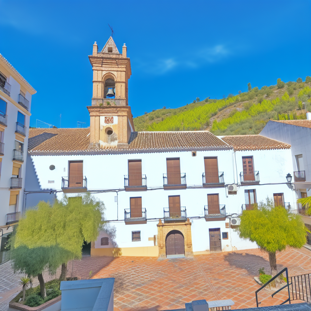 Wit Spaans kerkgebouw met klokkentoren tegen blauwe lucht.